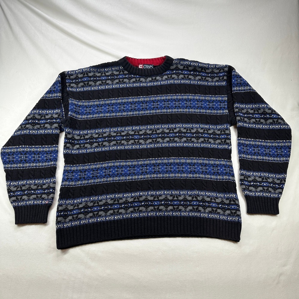 Ralph Lauren Chaps Chunky Sweater Crew‎ Neck Knit Blue XL Fair Isle Pullover